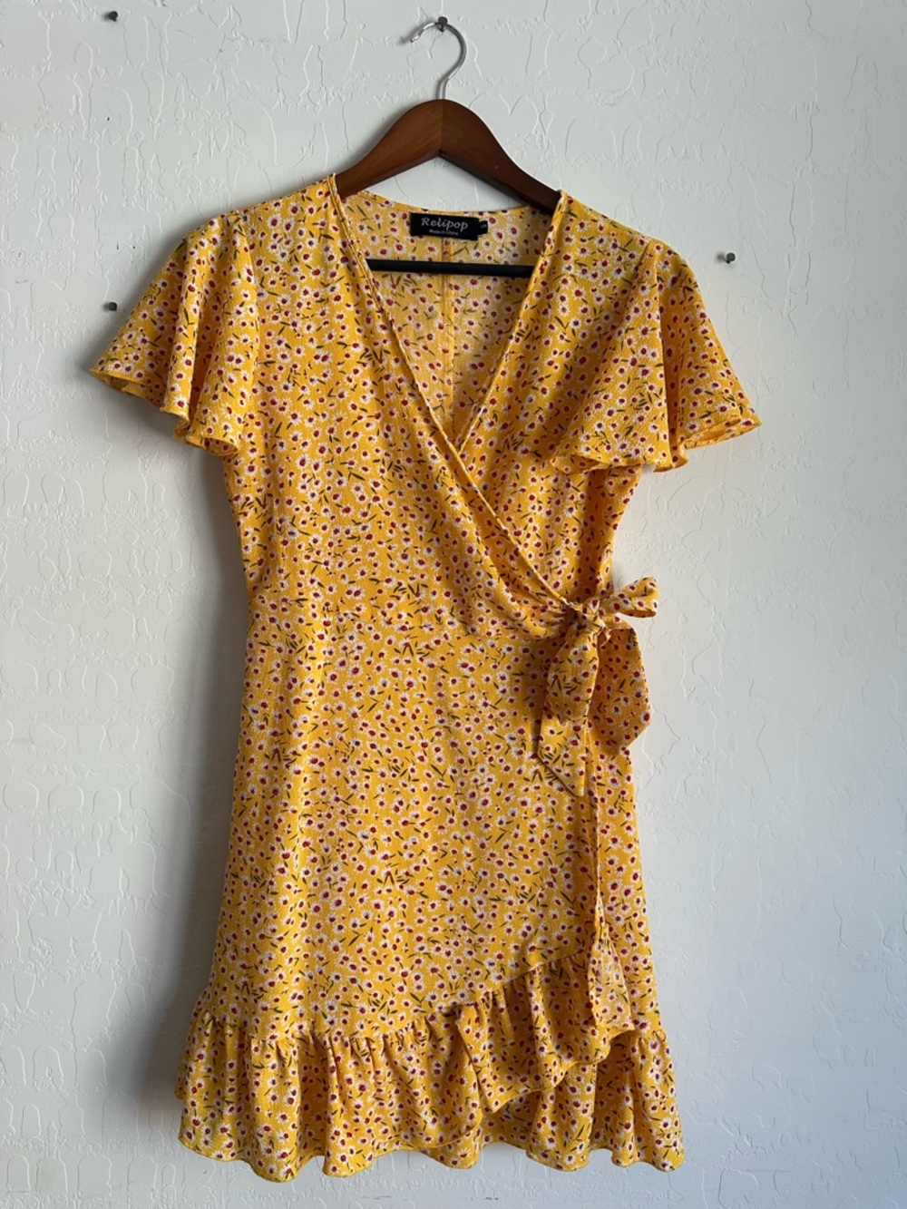 Yellow Floral Wrap Mini Dress